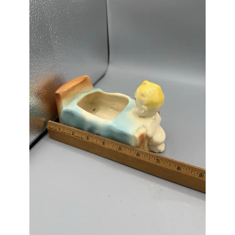 Vintage Praying Child Bed Planter Ceramic Nursery Blond Baby Blue Bed